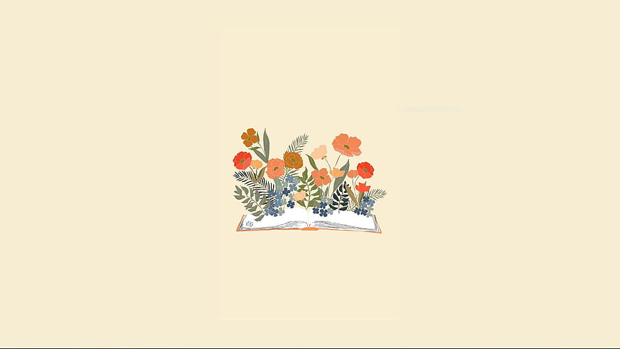 Minimalist illustration of colorful wildflowers blooming from an open book on a cream background HD wallpaper