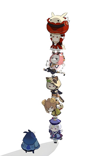 Genshin Impact Chibi Characters Stacked in a Vertical Tower with Animal Costumes HD phone wallpaper