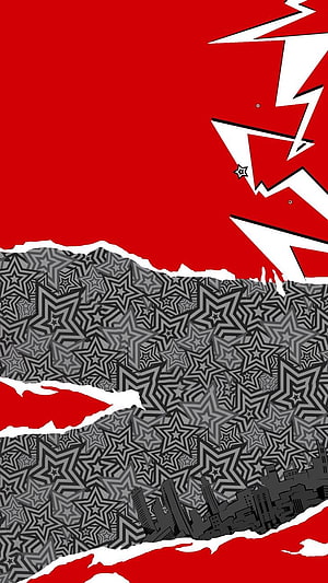 Persona 5 Style Red and Black Star Pattern with City Skyline and Torn Paper Effect HD phone wallpaper