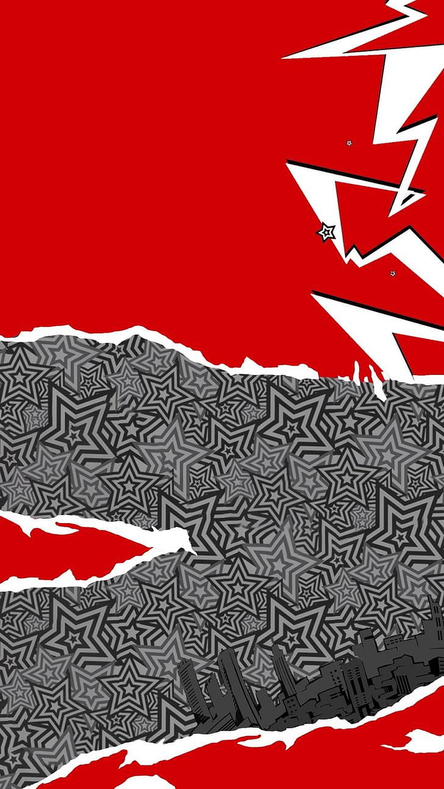 Persona 5 Style Red and Black Star Pattern with City Skyline and Torn Paper Effect HD phone wallpaper
