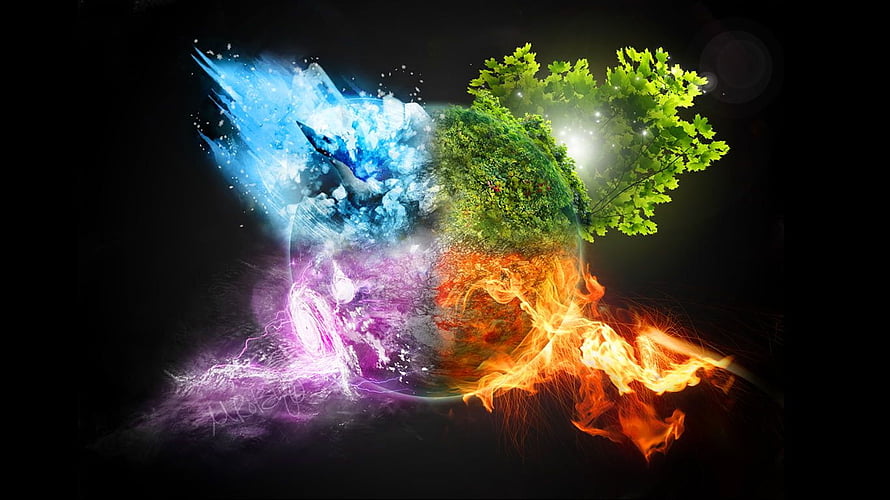 Vibrant Four Elements Sphere Featuring Fire, Water, Earth, and Air on Black Background HD wallpaper
