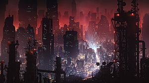Dystopian Cyberpunk Cityscape with Industrial Silhouettes and Neon Glow HD wallpaper