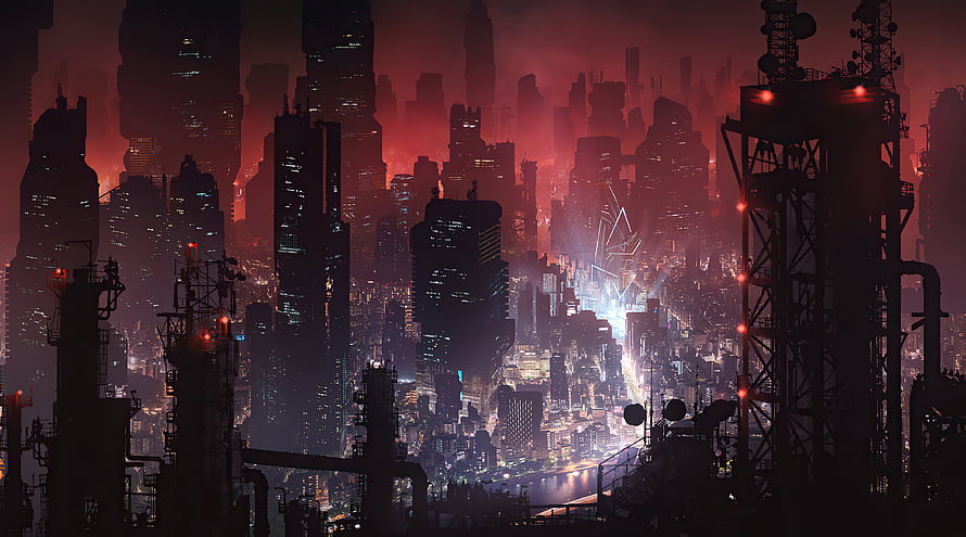 Dystopian Cyberpunk Cityscape with Industrial Silhouettes and Neon Glow HD wallpaper