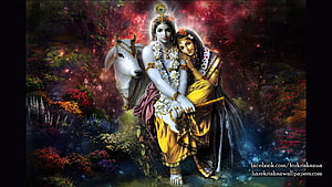 Radha and Krishna in a Lush Garden with a White Cow and Vibrant Flowers HD wallpaper