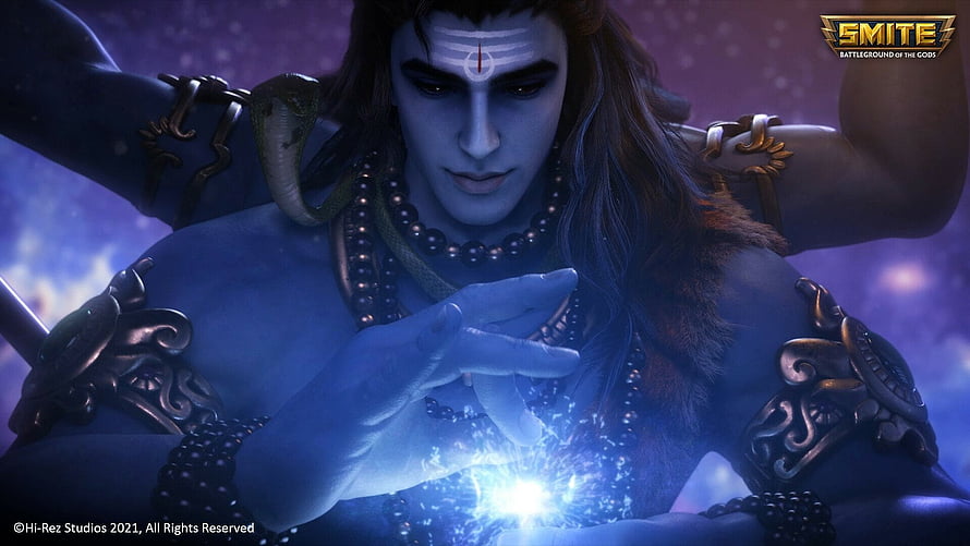Shiva Lord of the Gods in Smite Casting a Glowing Blue Spell HD wallpaper