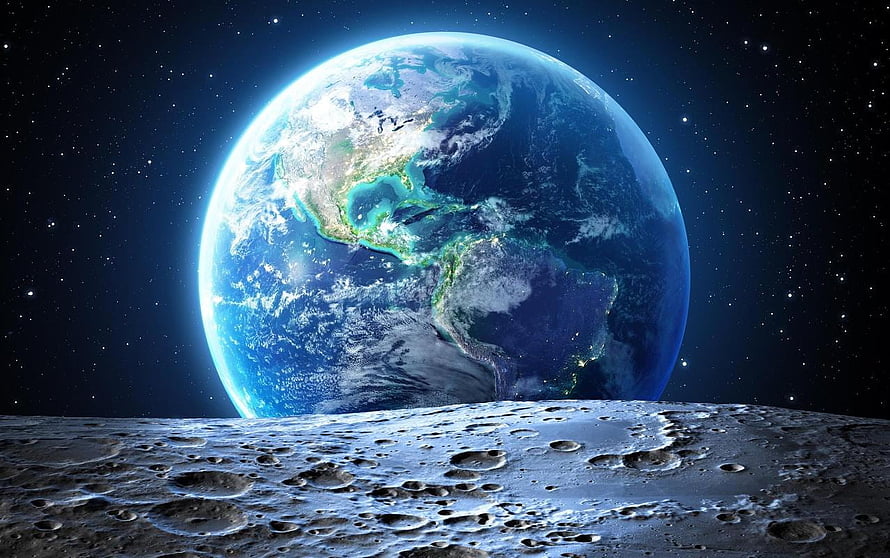 Earth Rising Over the Moon's Cratered Surface in Deep Space HD wallpaper