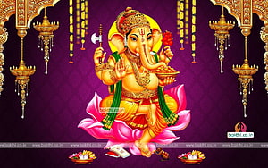 Ganesha Seated on Lotus with Axe and Modak in Ornate Temple Setting HD wallpaper