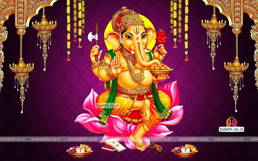 Ganesha Seated on Lotus with Axe and Modak in Ornate Temple Setting HD wallpaper
