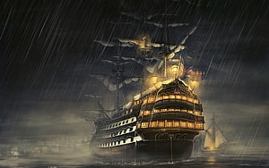 Illuminated Galleon Ship Sailing Through a Dark Stormy Sea at Night HD wallpaper