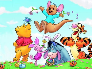 Winnie the Pooh and Friends Celebrating Easter with Decorated Eggs and Spring Flowers HD wallpaper