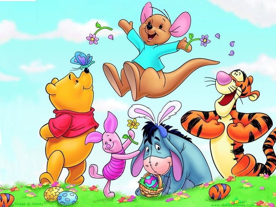 Winnie the Pooh and Friends Celebrating Easter with Decorated Eggs and Spring Flowers HD wallpaper