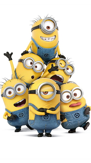 Despicable Me Minions Group Portrait in Denim Overalls and Goggles HD phone wallpaper