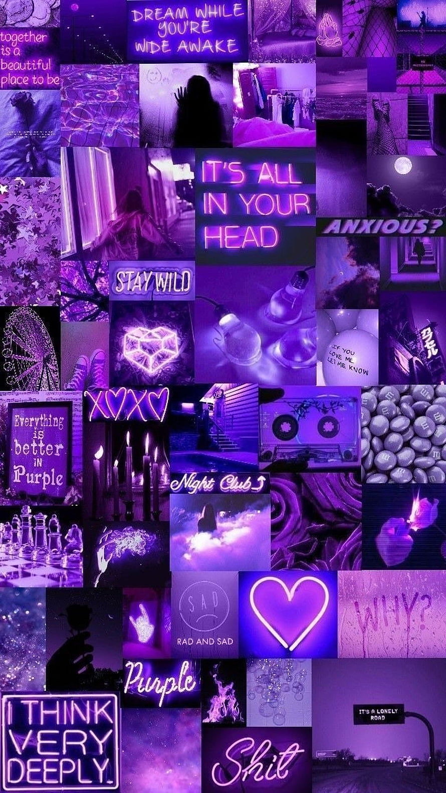 Dark Purple Aesthetic Collage with Neon Text and Moody Vibe Elements HD phone wallpaper