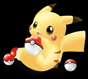 Cute Pikachu Holding a Pokeball with Kawaii Brown Eyes on Black Background HD wallpaper