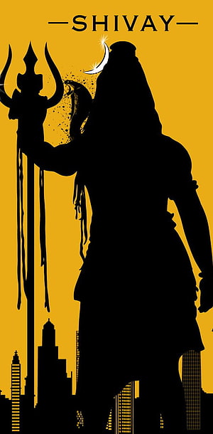 Shivay Silhouette with Trishul and Crescent Moon Against Golden Sky HD phone wallpaper