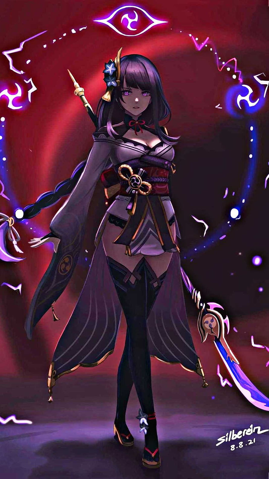 Raiden Shogun from Genshin Impact in Dark Fantasy Art Style with Purple Energy Effects HD phone wallpaper