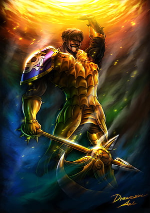Escanor in Golden Armor Wielding a Massive Axe Against a Fiery Sky HD phone wallpaper