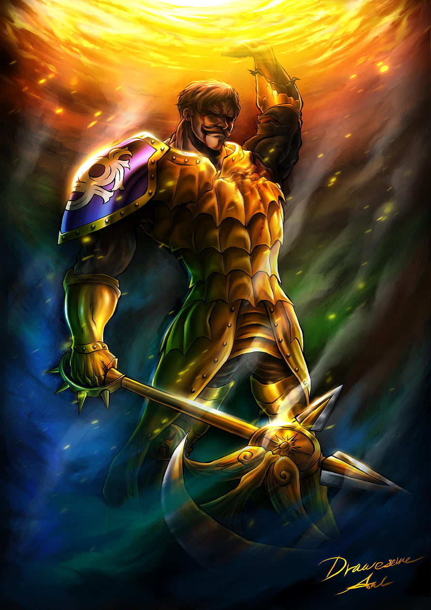 Escanor in Golden Armor Wielding a Massive Axe Against a Fiery Sky HD phone wallpaper
