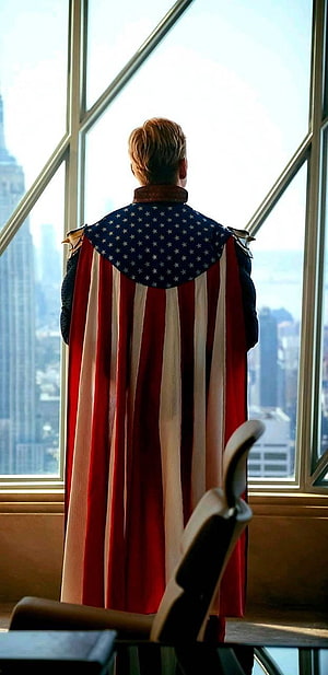 Homelander from The Boys standing in a high-rise office with an American flag cape overlooking a city skyline HD phone wallpaper