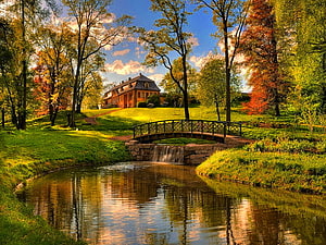 Autumn Estate Garden with Stone Bridge and Waterfall HD wallpaper