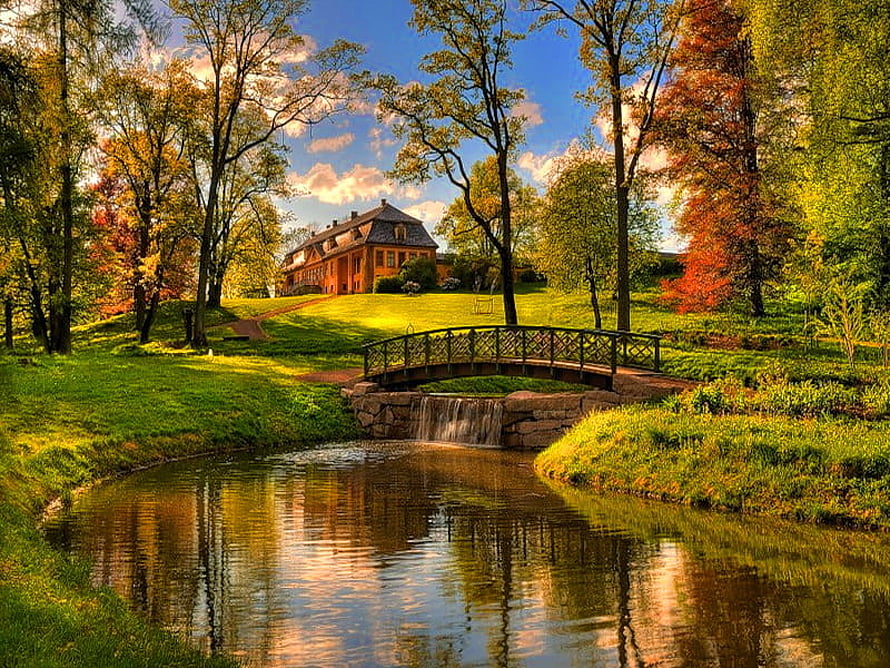 Autumn Estate Garden with Stone Bridge and Waterfall HD wallpaper