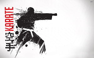 Dynamic Karate Fighter Silhouette With Ink Splatter And Japanese Typography HD wallpaper