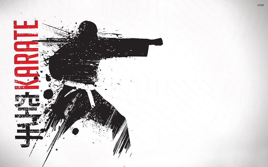 Dynamic Karate Fighter Silhouette With Ink Splatter And Japanese Typography HD wallpaper