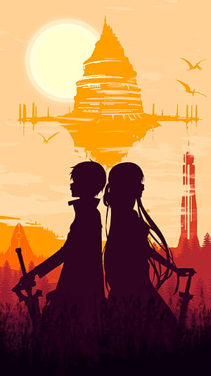Sword Art Online Silhouette Wallpaper: Kirito and Asuna at Sunset HD phone wallpaper