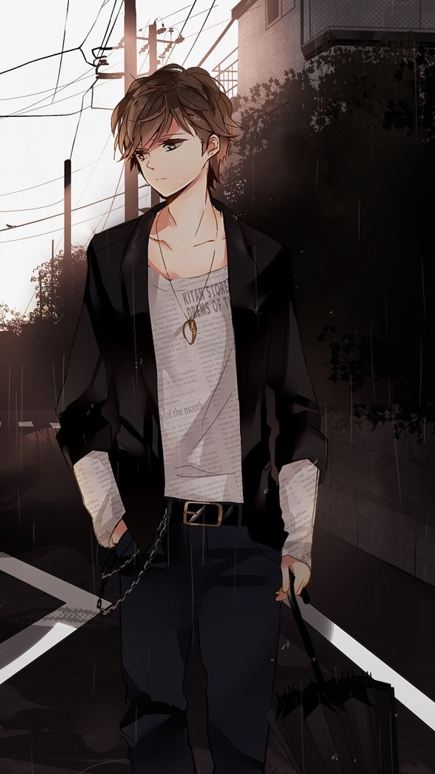 Anime Male Character in Black Jacket Walking in Rainy Urban Street HD phone wallpaper