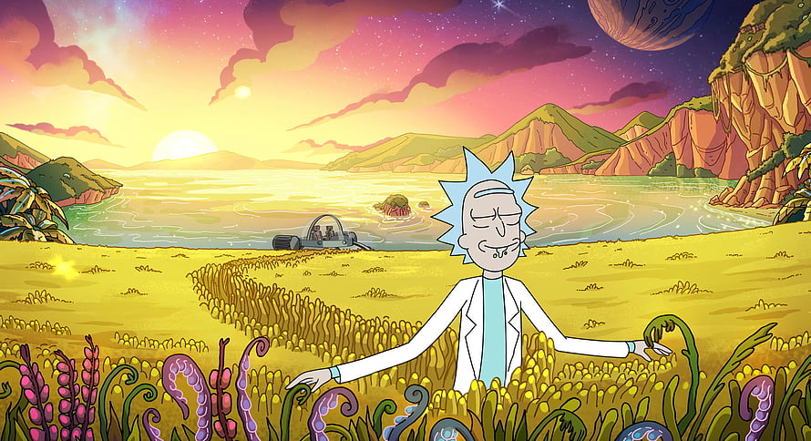 Rick Sanchez standing in a golden alien field with a spaceship on the shore under a colorful sunset sky HD wallpaper