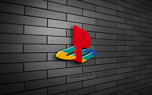 PlayStation 3D Logo on Dark Gray Brick Wall with Colorful Ring Design HD wallpaper