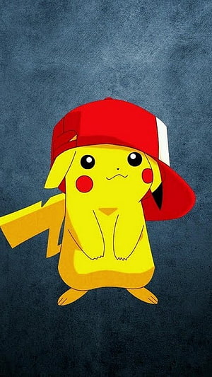 Pikachu Wearing a Red Baseball Cap on a Textured Dark Blue Background HD phone wallpaper