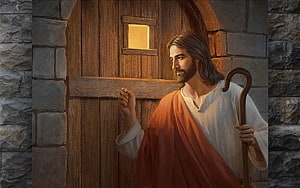 Jesus Christ at the Door with Shepherd's Staff in Traditional Religious Painting HD wallpaper