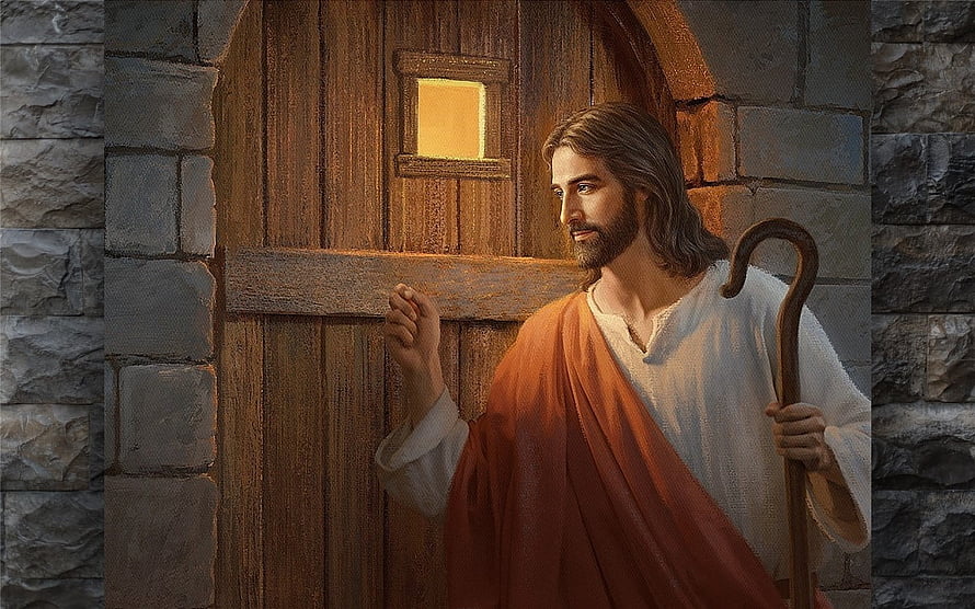 Jesus Christ at the Door with Shepherd's Staff in Traditional Religious Painting HD wallpaper