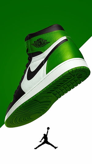 Air Jordan 1 High Green Black White Sneaker with Jumpman Logo on Diagonal Split Background HD phone wallpaper