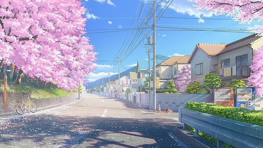 Anime Japanese Suburb Street Lined With Cherry Blossoms Under Blue Sky HD wallpaper