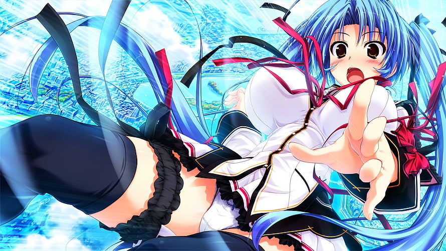 Blue-Haired Anime Girl in White and Black Uniform Reaching Forward HD wallpaper