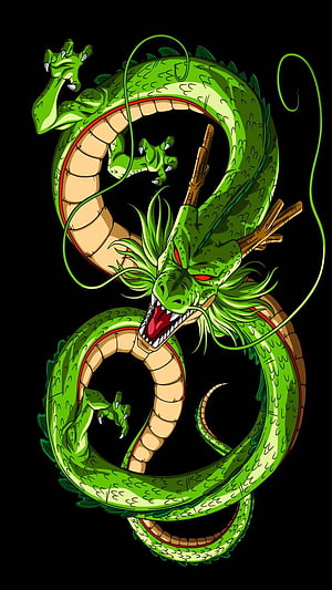 Shenlong Green Dragon Coiled Illustration with Red Eyes and Antlers on Black Background HD phone wallpaper