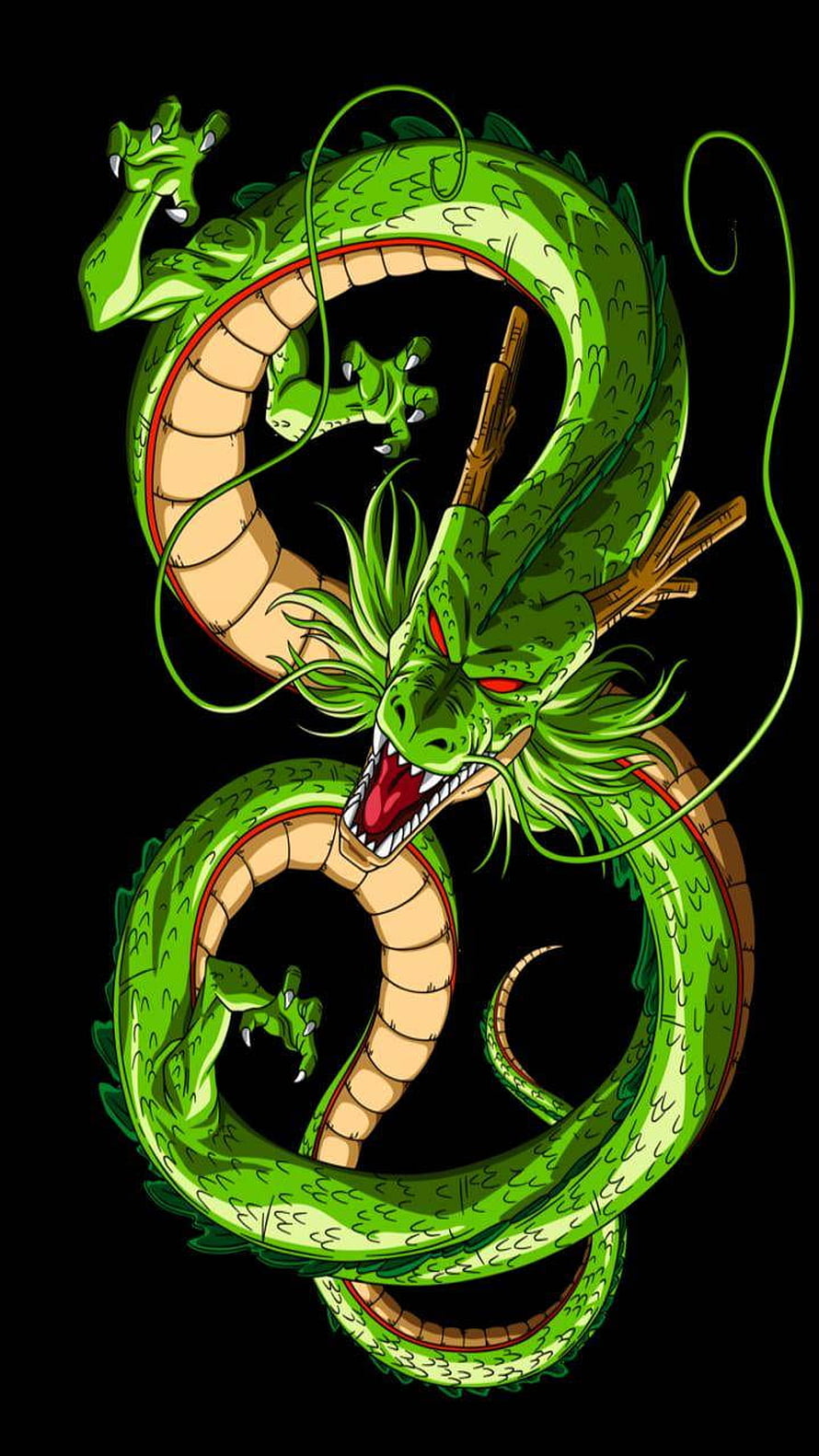 Shenlong Green Dragon Coiled Illustration with Red Eyes and Antlers on Black Background HD phone wallpaper