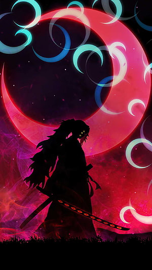 Kokushibo Silhouette with Glowing Eyes and Sword Against a Crimson Moon in Demon Slayer HD phone wallpaper