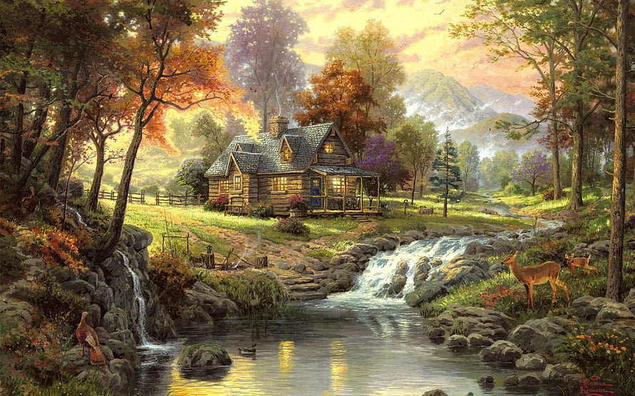 Cozy Log Cabin in Autumn Forest with Creek and Deer HD wallpaper