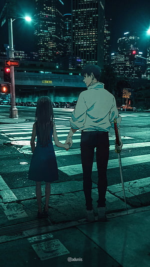 Jujutsu Kaisen Yuta Okkotsu and Rika Holding Hands in a Neon-Lit City at Night HD phone wallpaper