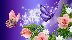 Pink and Purple Butterflies Dancing Among Roses and White Daisies on a Sparkling Background HD wallpaper