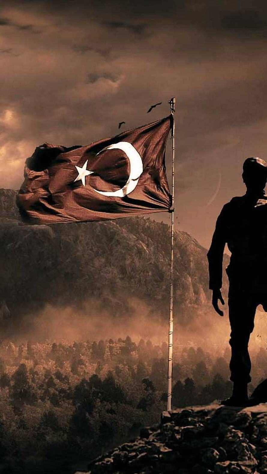 Turkish Soldier Silhouette Standing on Rocky Cliff with National Flag in Windy Mountain Landscape HD phone wallpaper