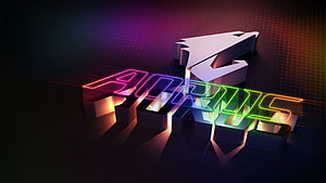 Aorus RGB Gaming Logo with Neon 3D Typography and Arrow Icon on Dark Grid Background HD wallpaper