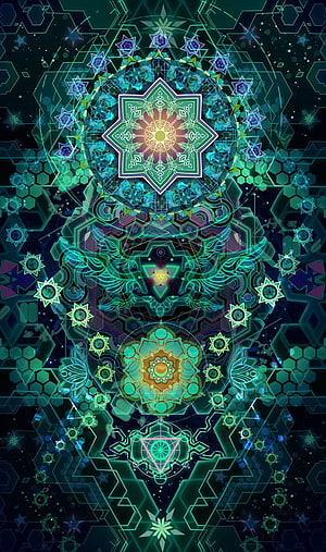 Neon Sacred Geometry Mandala with Mystical Symbols and Psychedelic Patterns HD phone wallpaper