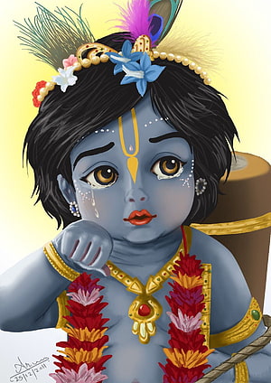 Cute Baby Krishna Digital Illustration with Peacock Feather Crown and Floral Garland HD phone wallpaper