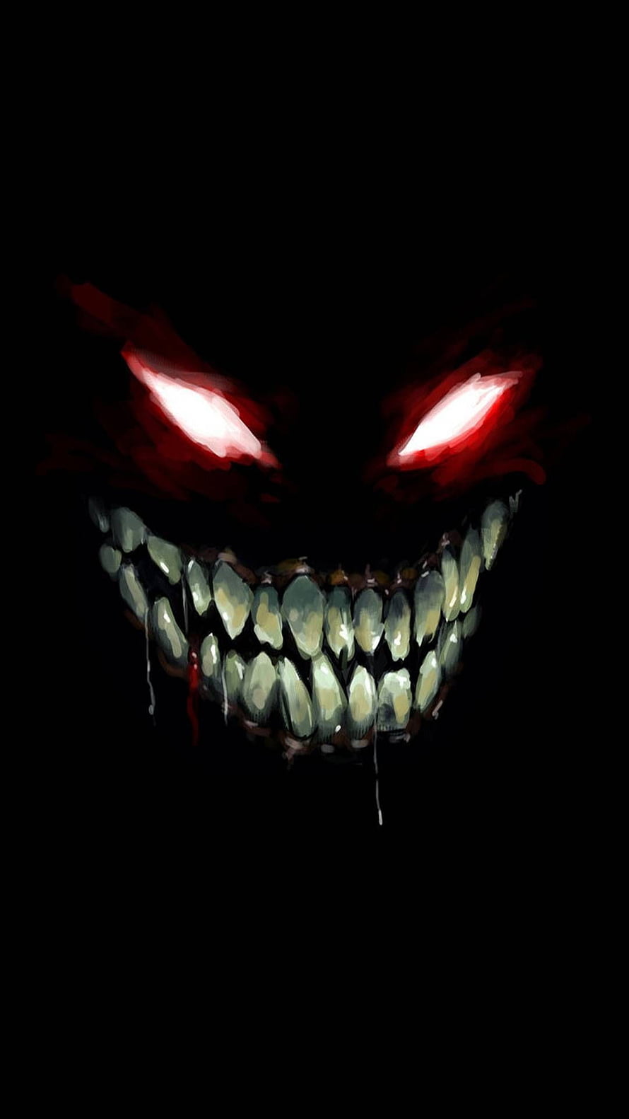Menacing Demon Face with Glowing Red Eyes and Jagged Teeth in Darkness HD phone wallpaper