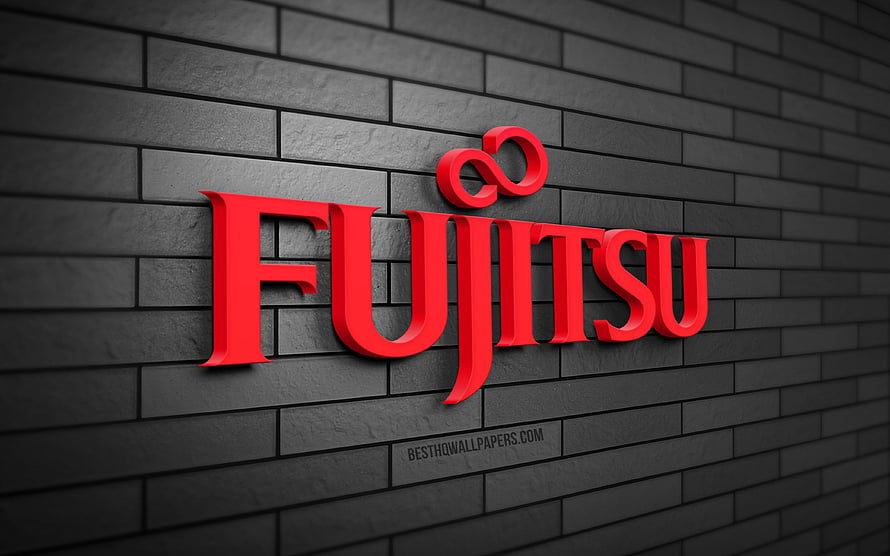 Fujitsu 3D Red Logo on Dark Gray Brick Wall HD wallpaper