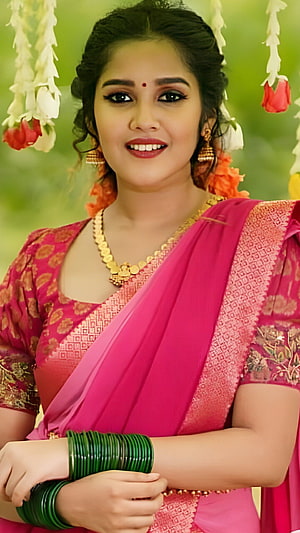 Anikha Surendran in a vibrant pink saree with traditional gold jewelry and green bangles HD phone wallpaper